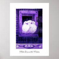 WHITE DOVES AT THE WINDOW, blue purple