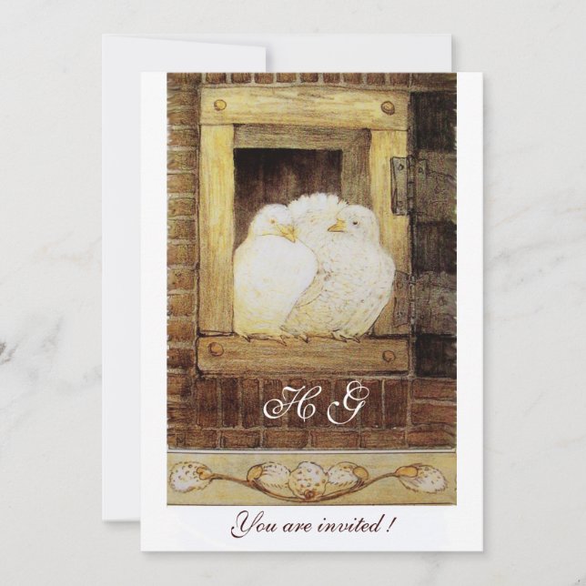 WHITE DOVES AT THE WINDOW monogram, brown yellow Invitation (Front)