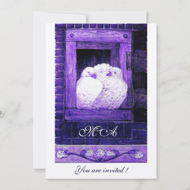 WHITE DOVES AT THE WINDOW monogram, champagne Invitation (Front)