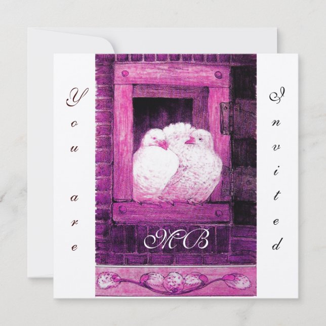 WHITE DOVES AT THE WINDOW monogram champagne Invitation (Front)
