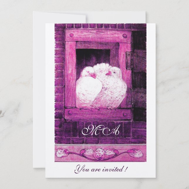 WHITE DOVES AT THE WINDOW monogram champagne Invitation (Front)