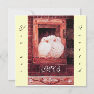 WHITE DOVES AT THE WINDOW monogram ,red ,cream Invitation
