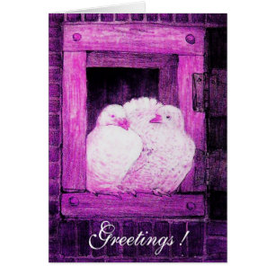 WHITE DOVES AT THE WINDOW, pink purple violet