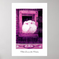 WHITE DOVES AT THE WINDOW, pink purple violet