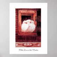 WHITE DOVES AT THE WINDOW, red pink