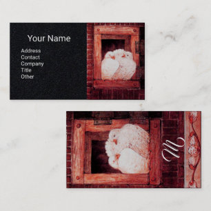 WHITE DOVES AT WINDOW,Monogram Red Black Paper Business Card