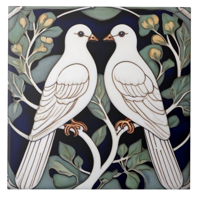White Doves Birds Art Nouveau Dove Bird Art Deco Ceramic Tile (Front)