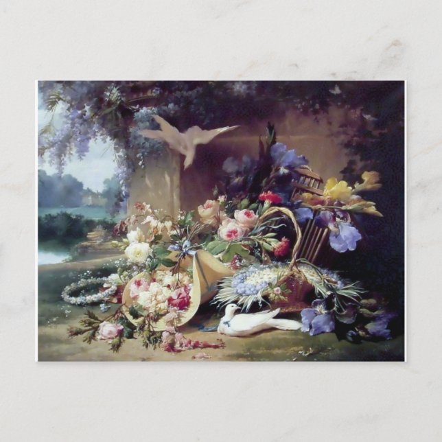 White Doves Birds Flowers painting Postcard (Front)