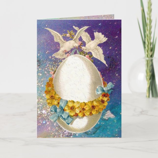 WHITE DOVES ,EASTER EGG AND YELLOW FLOWERS IN BLUE HOLIDAY CARD (Front)