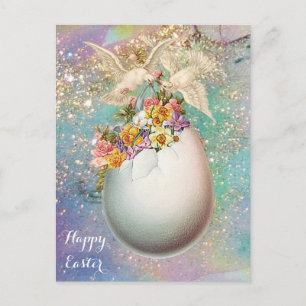 WHITE DOVES,EASTER EGG,PINK YELLOW FLOWERS IN BLUE HOLIDAY POSTCARD