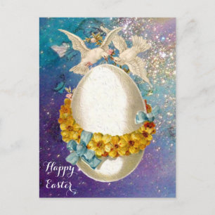 WHITE DOVES,EASTER EGG ,YELLOW FLOWERS,BLUE BOWS HOLIDAY POSTCARD