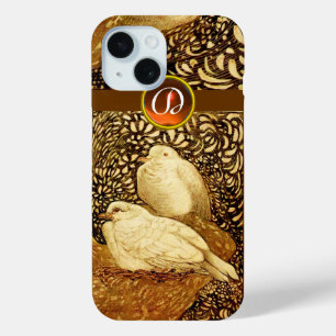 WHITE DOVES IN BROWN SEPIA,GEM STONE MONOGRAM iPhone 15 CASE