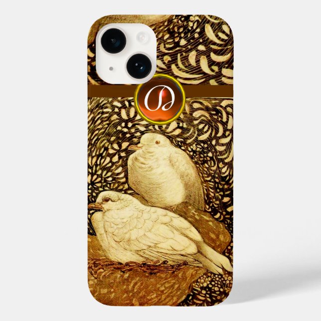 WHITE DOVES IN BROWN SEPIA,GEM STONE MONOGRAM Case-Mate iPhone CASE (Back)