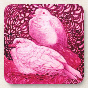 WHITE DOVES IN PINK , FUCHSIA COASTER
