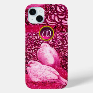 WHITE DOVES IN PINK FUCHSIA MONOGRAM iPhone 15 MINI CASE