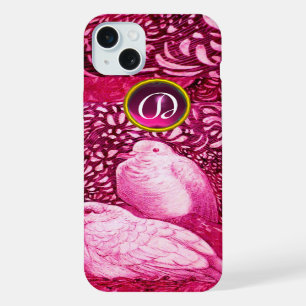 WHITE DOVES IN PINK FUCHSIA MONOGRAM iPhone 15 PLUS CASE