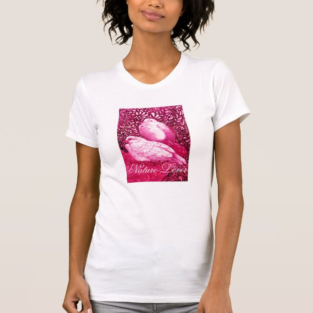 WHITE DOVES IN PINK FUCHSIA   / NATURE LOVER HEART T-Shirt (Front)