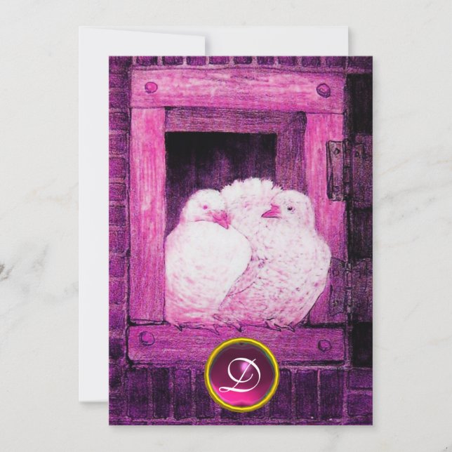 WHITE DOVES IN PINK PURPLE WINDOW WEDDING MONOGRAM INVITATION (Front)