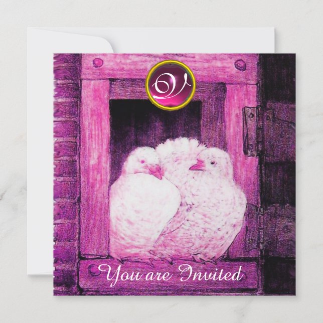 WHITE DOVES IN PINK WINDOW,WEDDING GEM MONOGRAM INVITATION (Front)