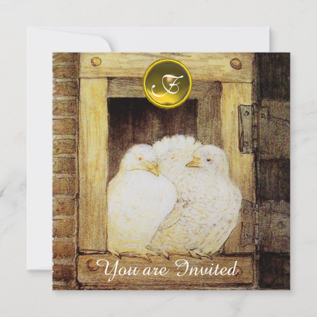 WHITE DOVES IN WINDOW BROWN YELLOW WEDDING PARTY INVITATION (Front)