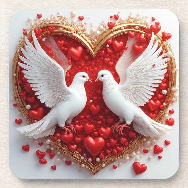 White Doves Love Heart Romantic Birds Coaster (Front)