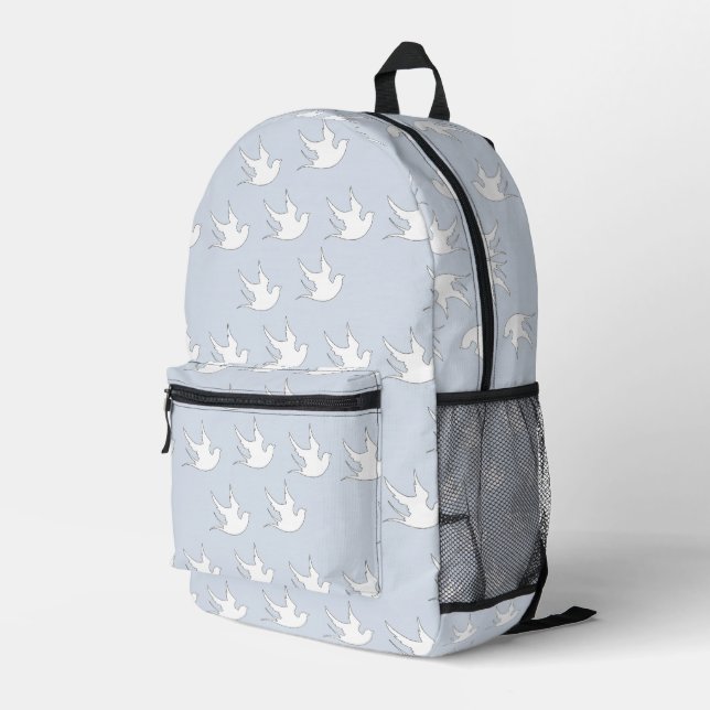 White doves on blue printed backpack (Back Corner Right)