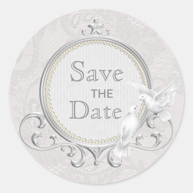 White Doves & Paisley Lace Save The Date Wedding Classic Round Sticker (Front)