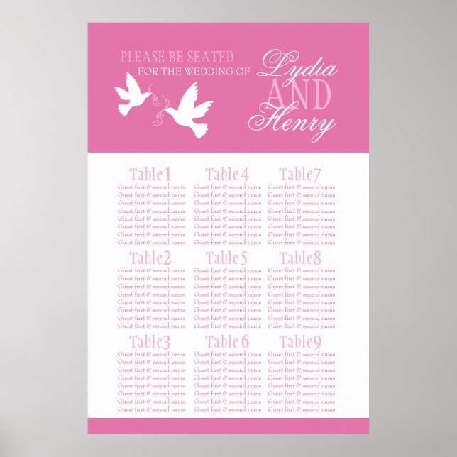 White doves pink wedding seating table plan 1-9 poster (Front)