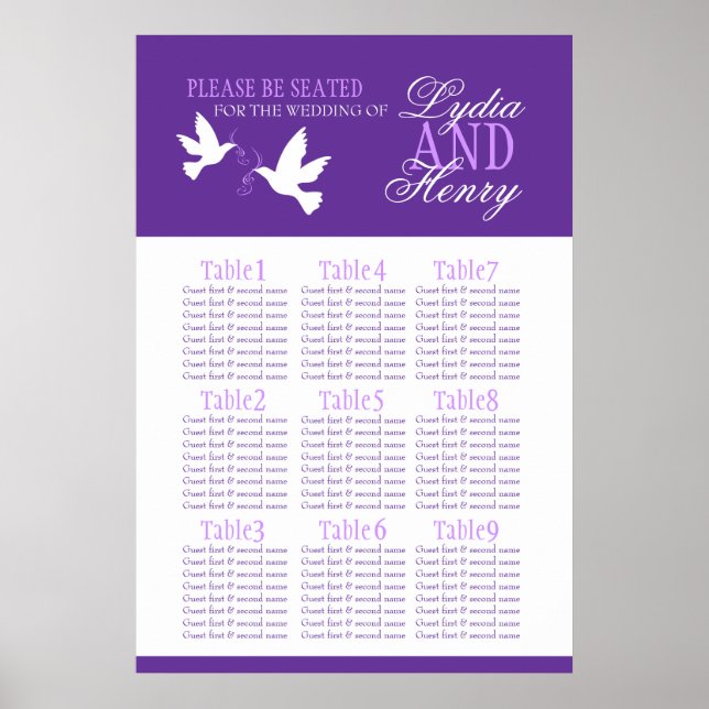 white doves purple wedding seating table plan 1-9 poster (Front)