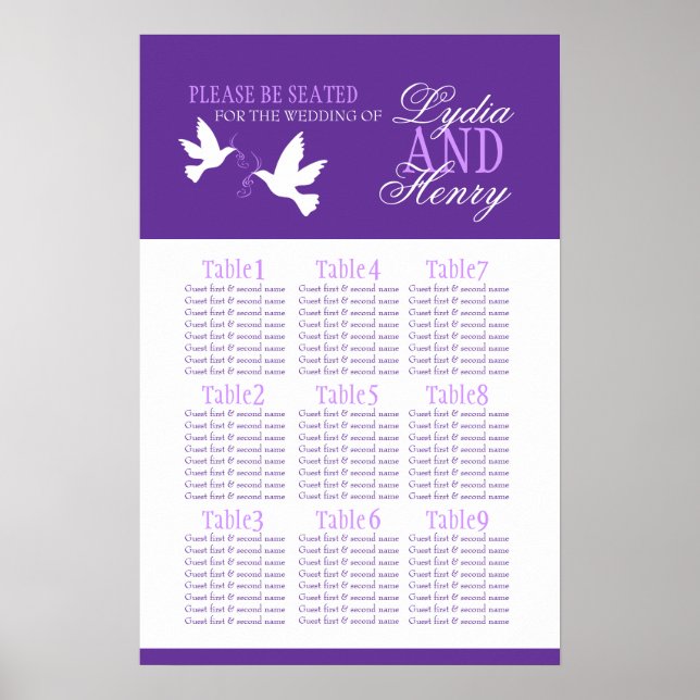 white doves purple wedding seating table plan 1-9 poster (Front)