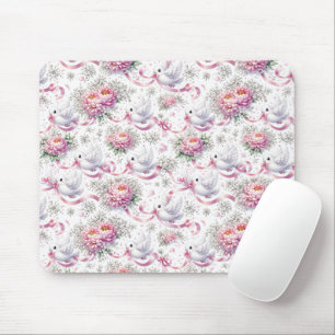 White Doves with Pink Peonies and Ribbons Mouse Pad