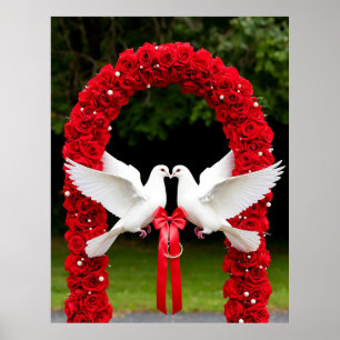 White Doves with Red Ribbon in Rose Arch Poster