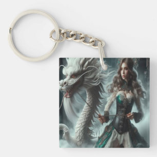 White Dragon and Tamer Keychain