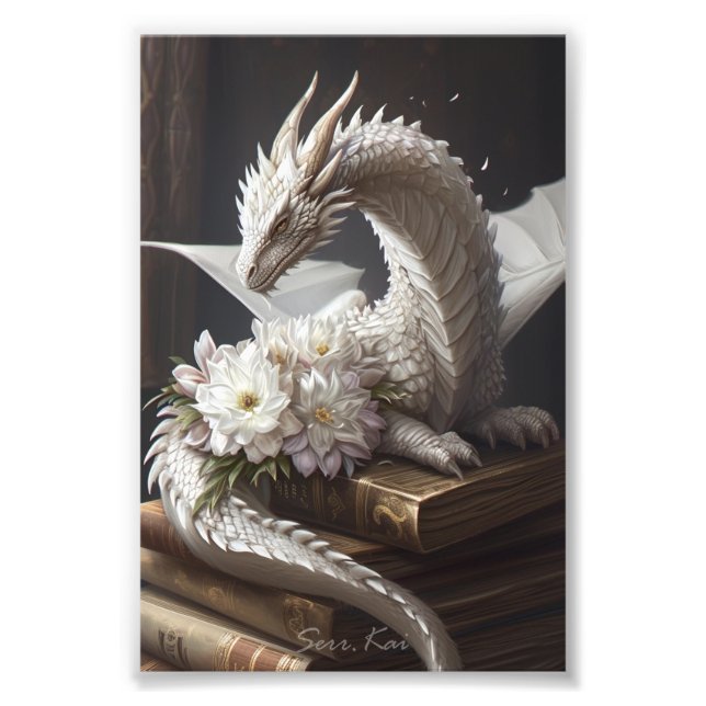 White Dragon on Books Photo Print (Front)
