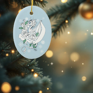 White Dragon Roses Snowflakes Blue Ceramic Ornament