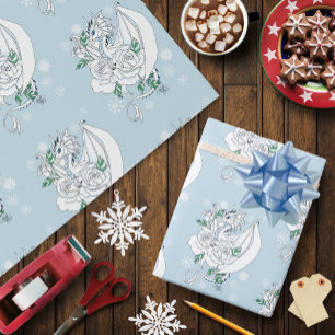 White Dragon Roses Snowflakes Blue Wrapping Paper