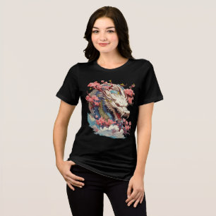 White Dragon with Blossoms Fantasy Art Tri-Blend Shirt
