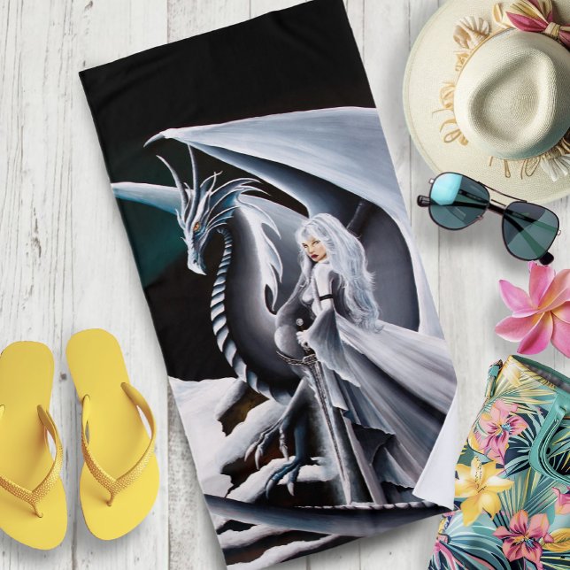 white Dragon Woman Fantasy Auroras Beach Towel (Creator Uploaded)