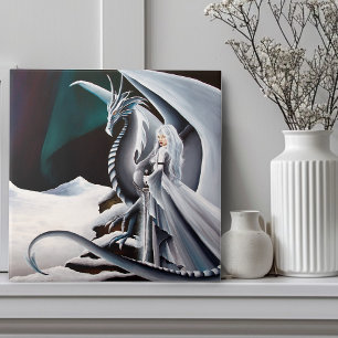White Dragon Woman Fantasy Auroras Borealis Ceramic Tile