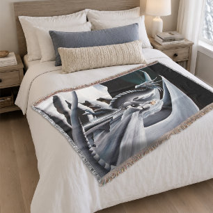 White Dragon Woman Fantasy Auroras Borealis Throw Blanket