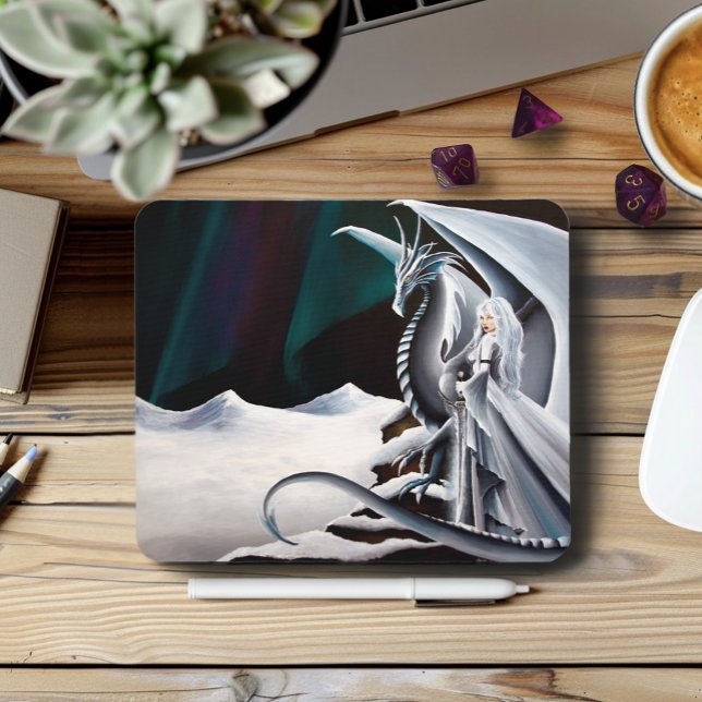 White Dragon Woman Fantasy Auroras Mouse Pad (Creator Uploaded)