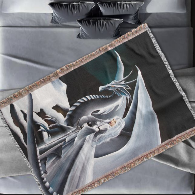 White Dragon Woman Fantasy Auroras Throw Blanket (Creator Uploaded)