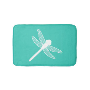 White Dragonfly Silhouette On Turquoise Bath Mat