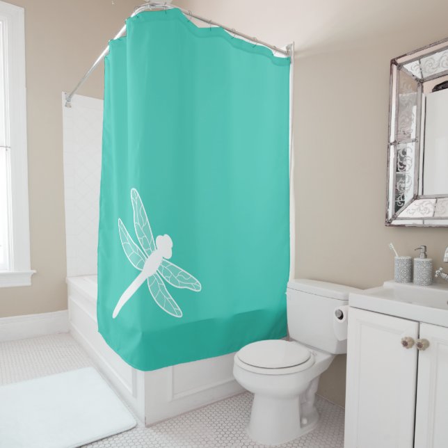 White Dragonfly Silhouette On Turquoise Shower Curtain (In Situ)