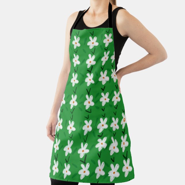 White Drawn Floral Pattern Flower Art Pattern Aest Apron (Insitu)