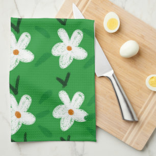White Drawn Floral Pattern Flower Art Pattern Aest Tea Towel