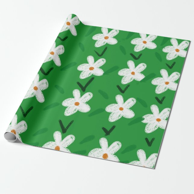 White Drawn Floral Pattern Flower Art Pattern Aest Wrapping Paper (Unrolled)