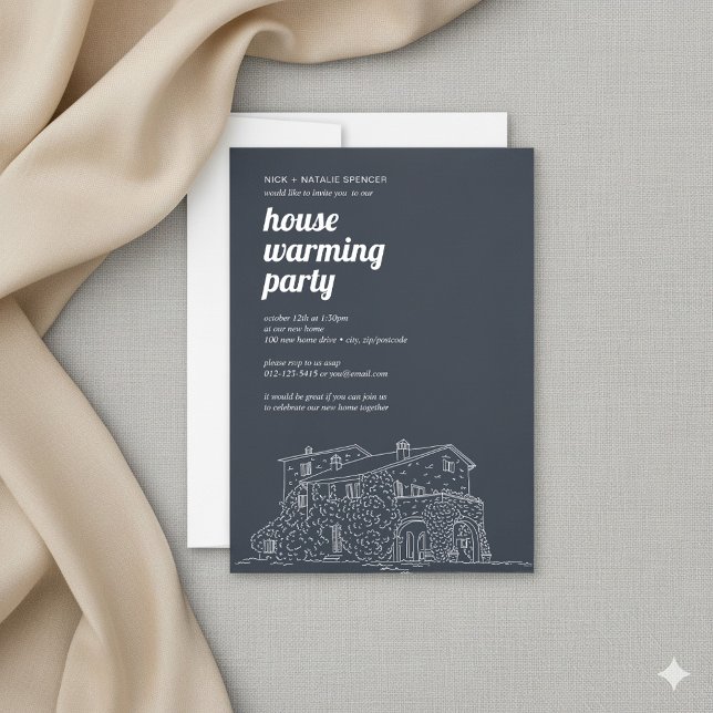 White drawn night House warming party invitation (White drawn night House warming party invitation with message and details.)