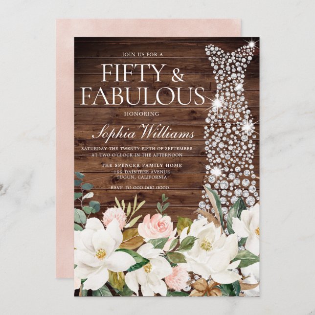White Dress Blush White Rustic 50th Birthday Invitation (Front/Back)