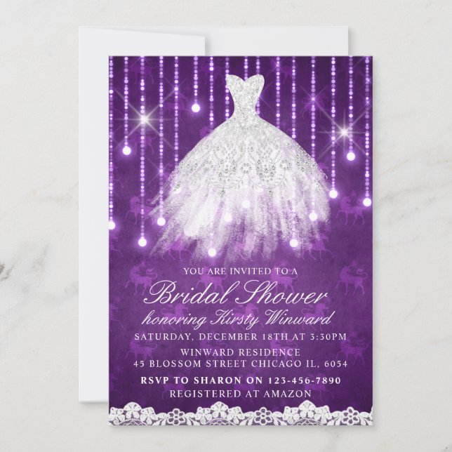 White Dress Purple Glamourous Bridal Shower Invitation (Front)